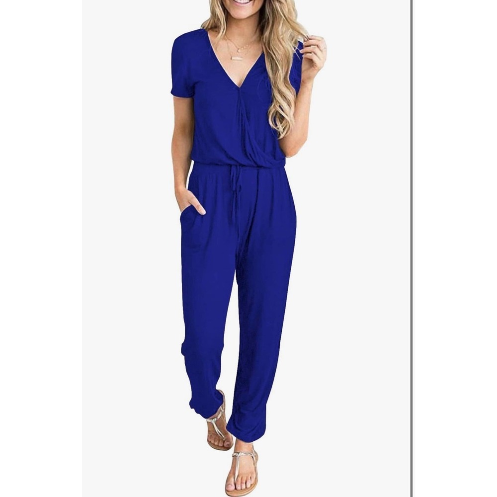 Prettygarden Deep V Neck Short Sleeve Wrap Drawstring Waist Jumpsuit Romper BLUE